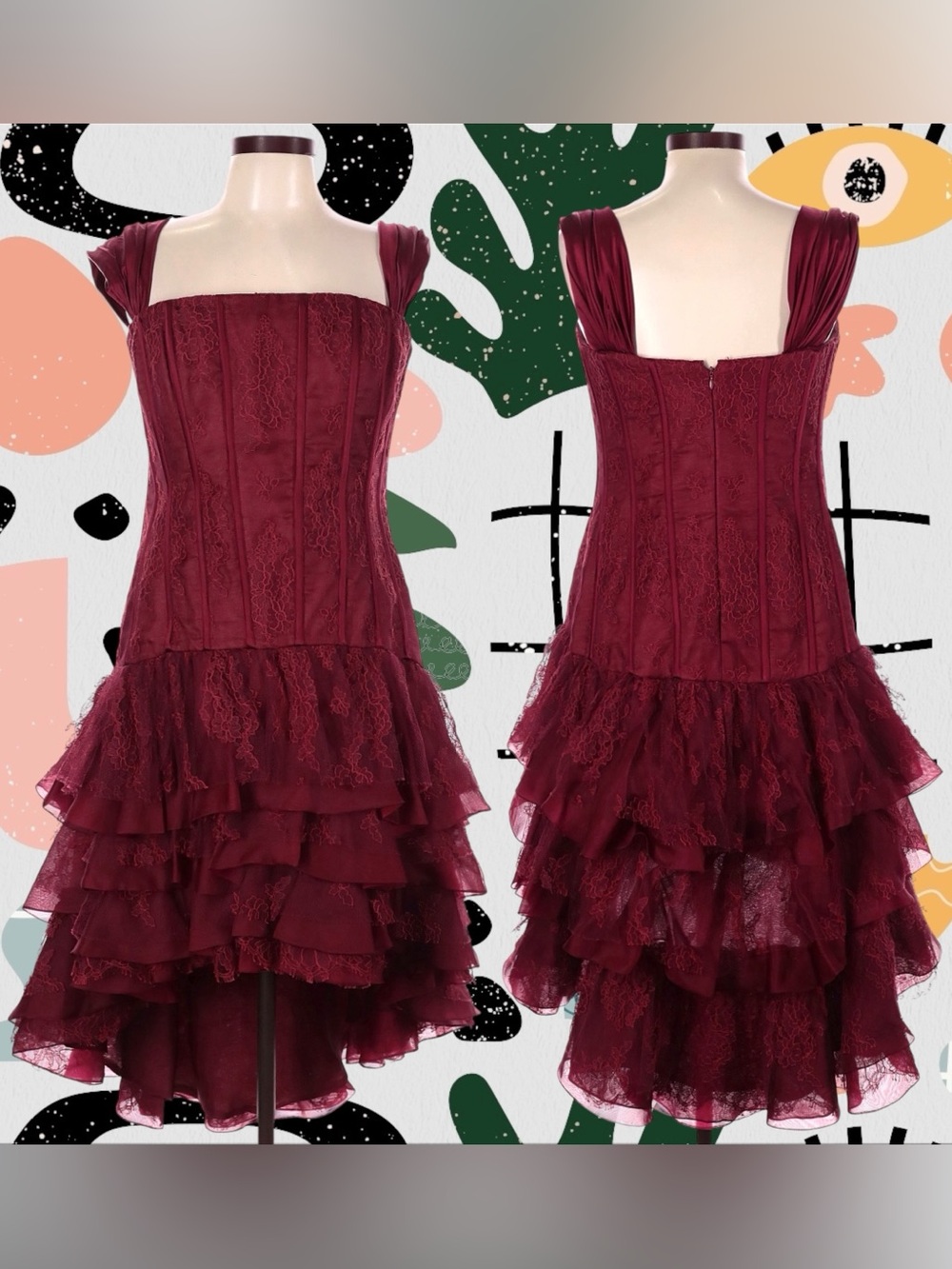 Randi Rahm | Maroon Red Corseted Tiered Lace High Low Dress